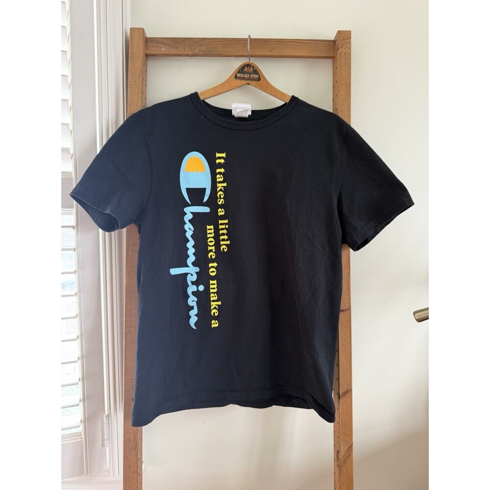 Vintage 1970s Champion Logo Graphic Black Men's M Short Sleeve Cotton T-Shirt